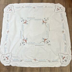 Vintage Hand Cross Stitched Floral Embroidery Cotton Cottagecore Tablecloth